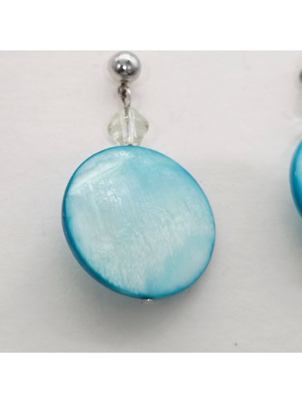 Blue Shell Disc Earrings With Crystal Accents & Silver Tone Posts 1.75" - Picture 3 of 5